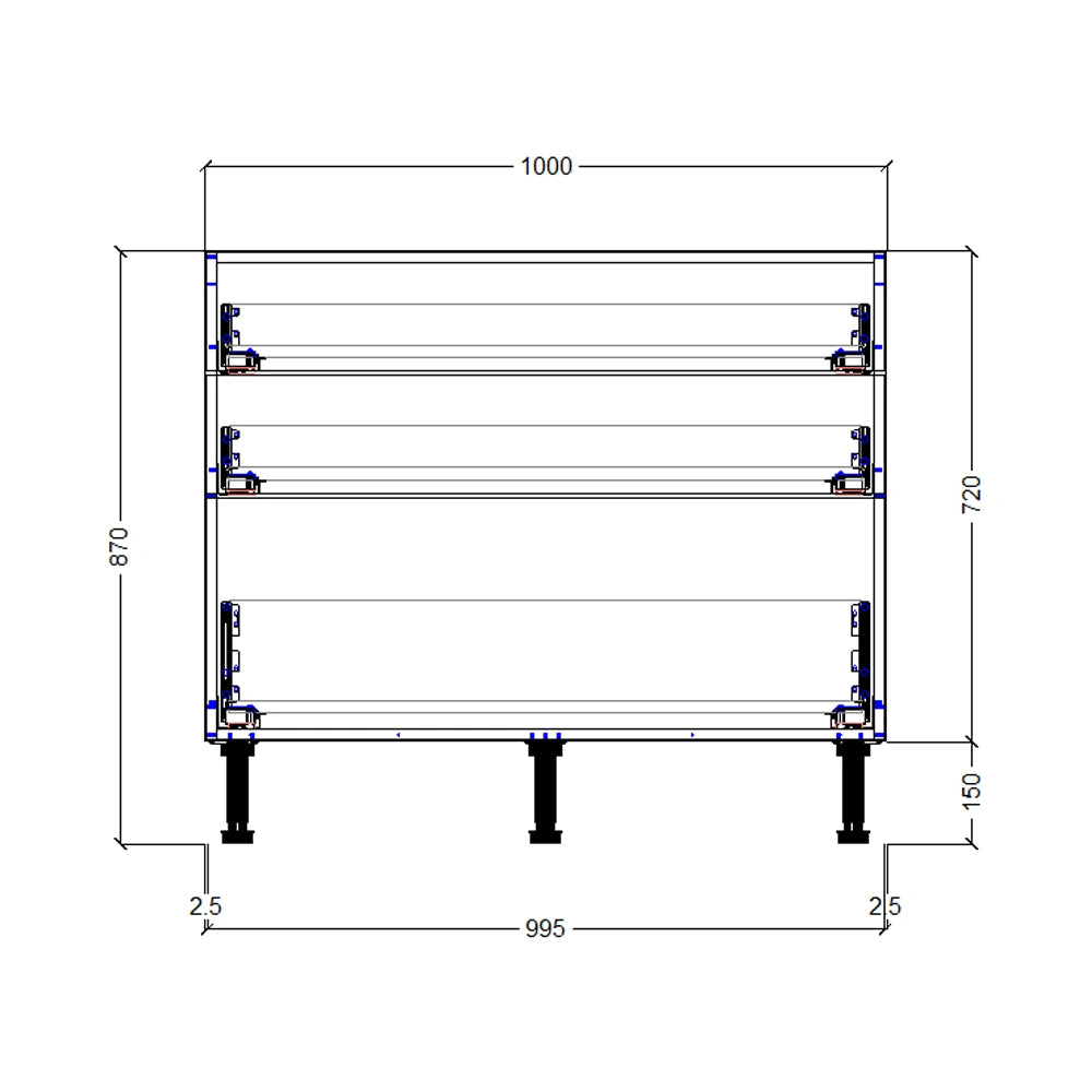 1000mm 3 Drawer Base Cabinet