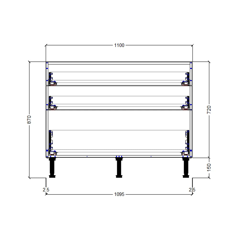 1100mm 3 Drawer Base Cabinet
